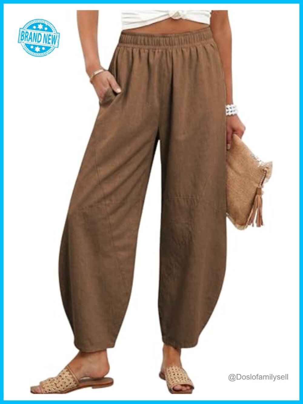 Womens Barrel Pants High Elastic Waist Capri Wide Leg Loose Fit Trousers